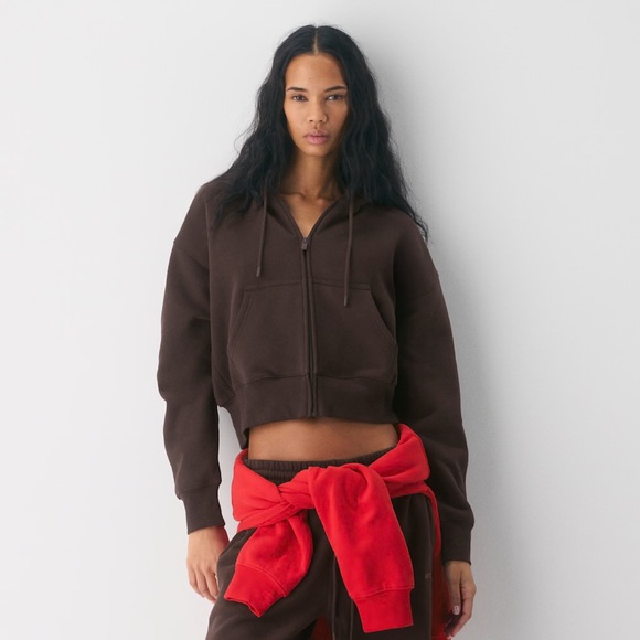 Aritzia TNA Brown Cozy Sweatfleece Boyfriend Boxy Zip Hoodie M - Picture 2 of 8